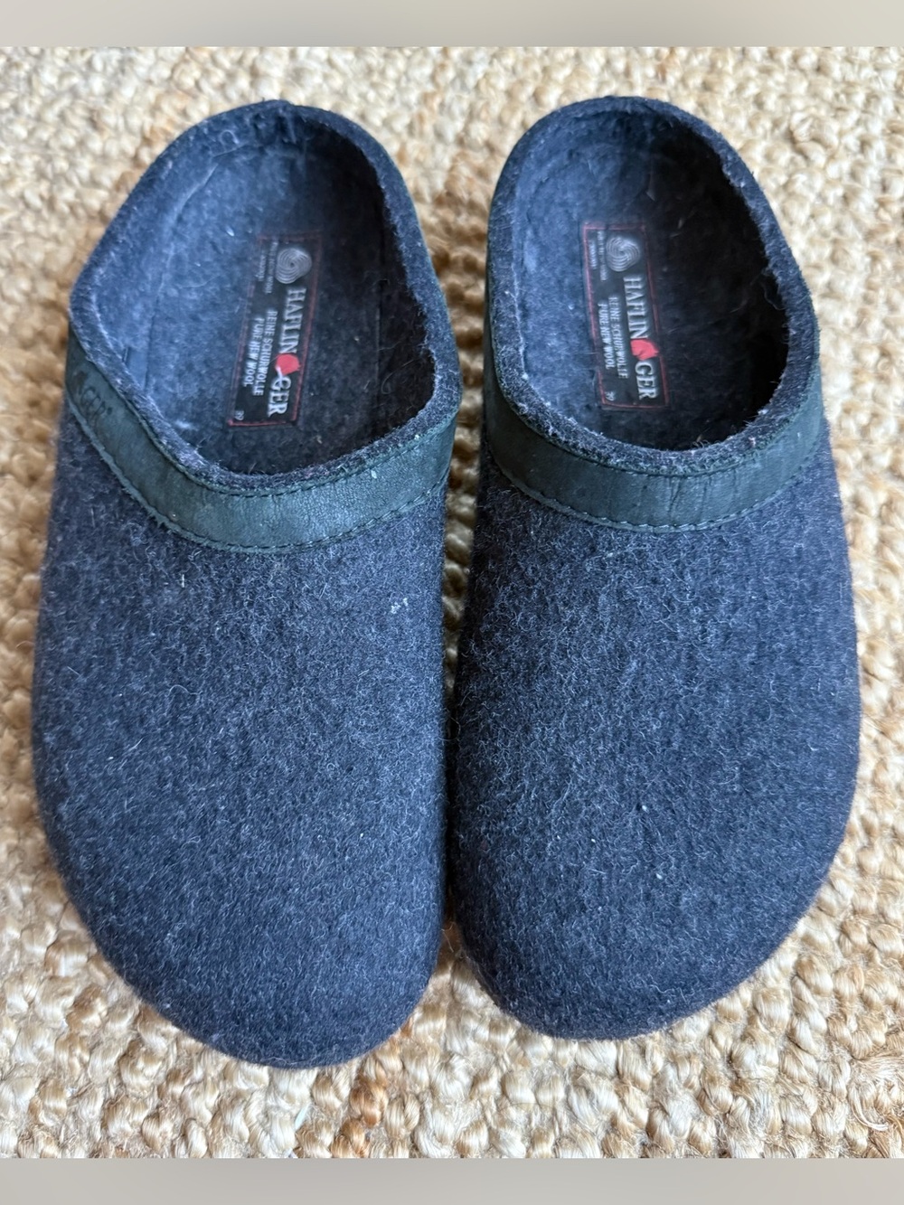 Haflinger Black Wool Felt Clogs with Leather Trim Size 39 8-8.5